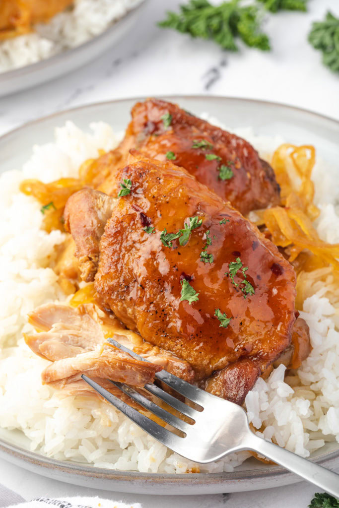 Close up view of chicken with apricot preserves.