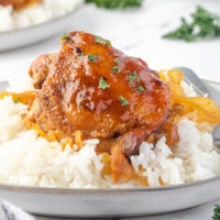 Slow cooker apricot chicken on rice.
