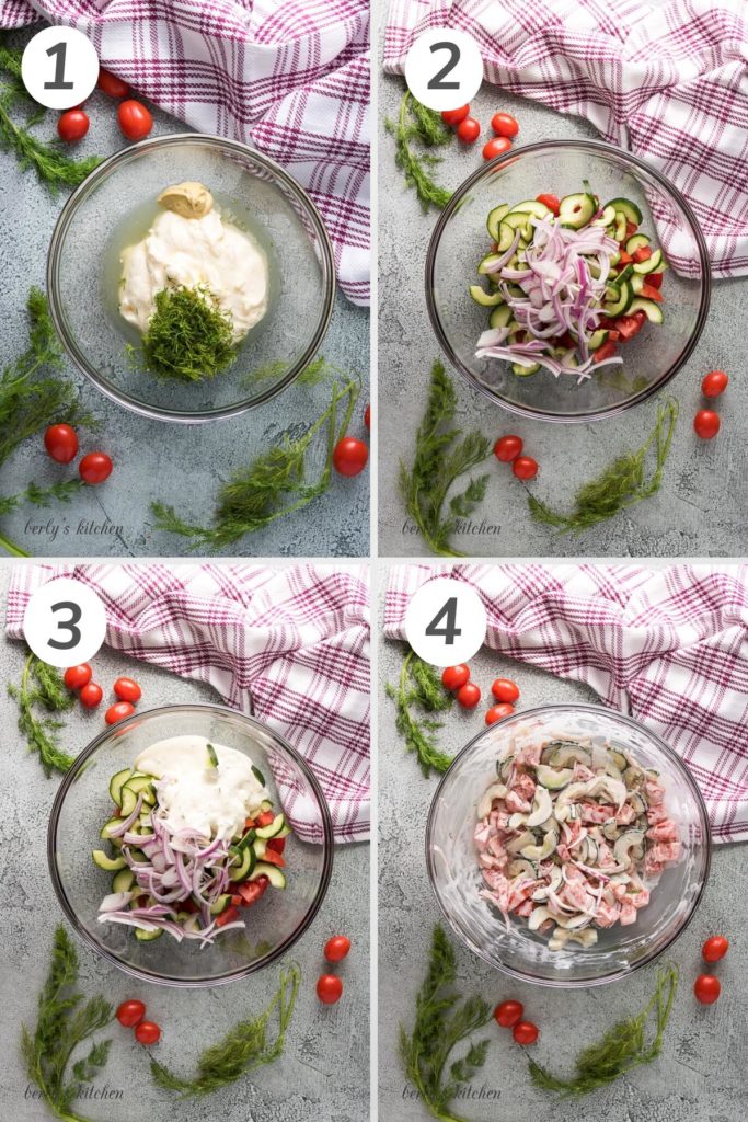 Collage showing how to make a creamy tomato cucumber salad.