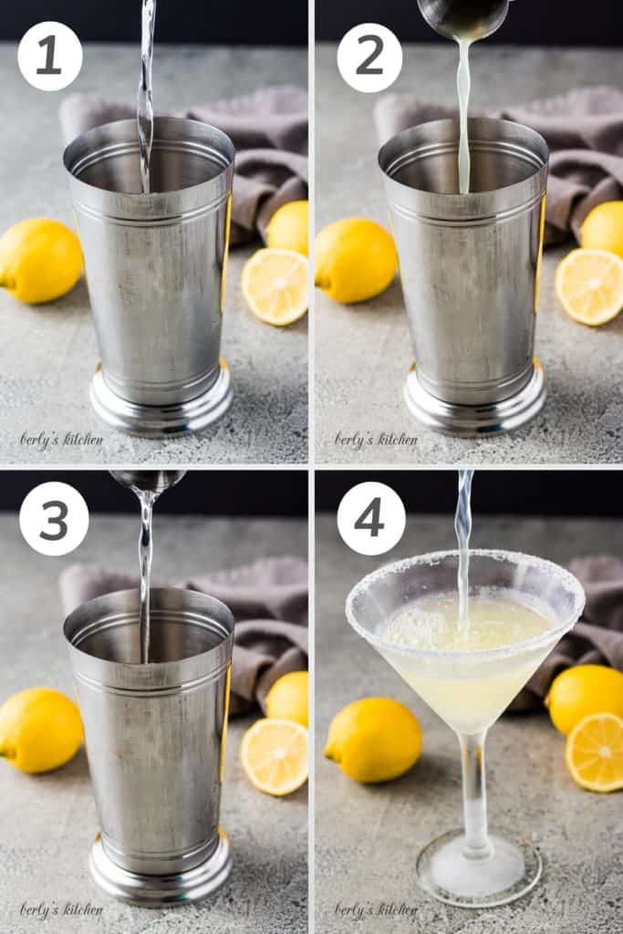 Collage showing how to make a 3 ingredients lemon drop martini.