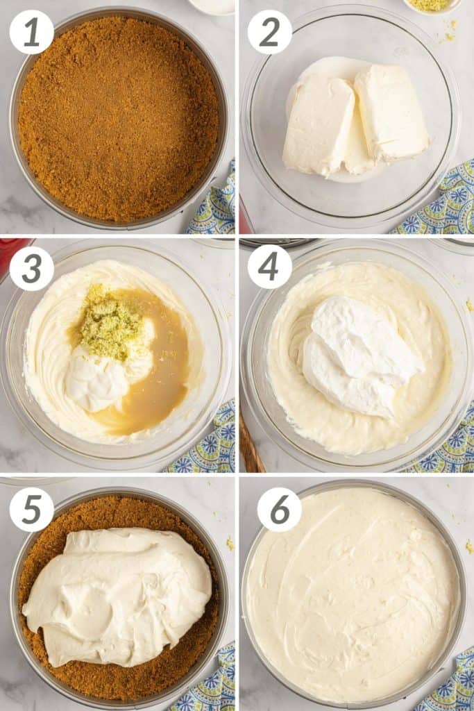 Collage showing how to make no bake key lime cheesecake.