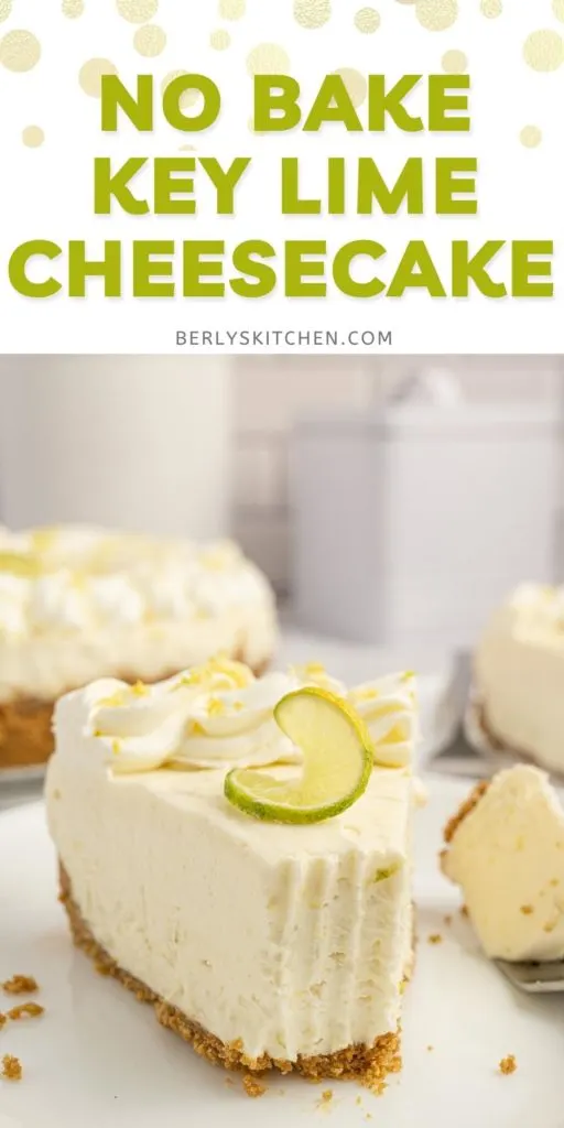 Close up photo of no bake key lime cheesecake on a plate.