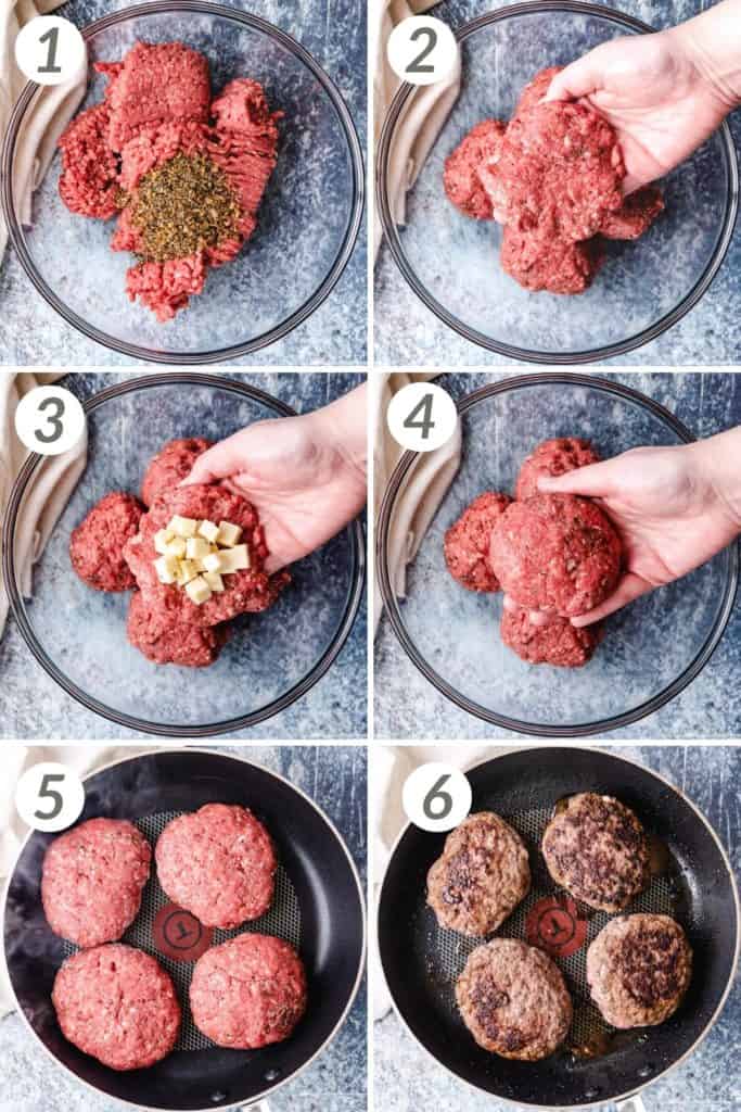 Collage showing how to make stuffed burgers.