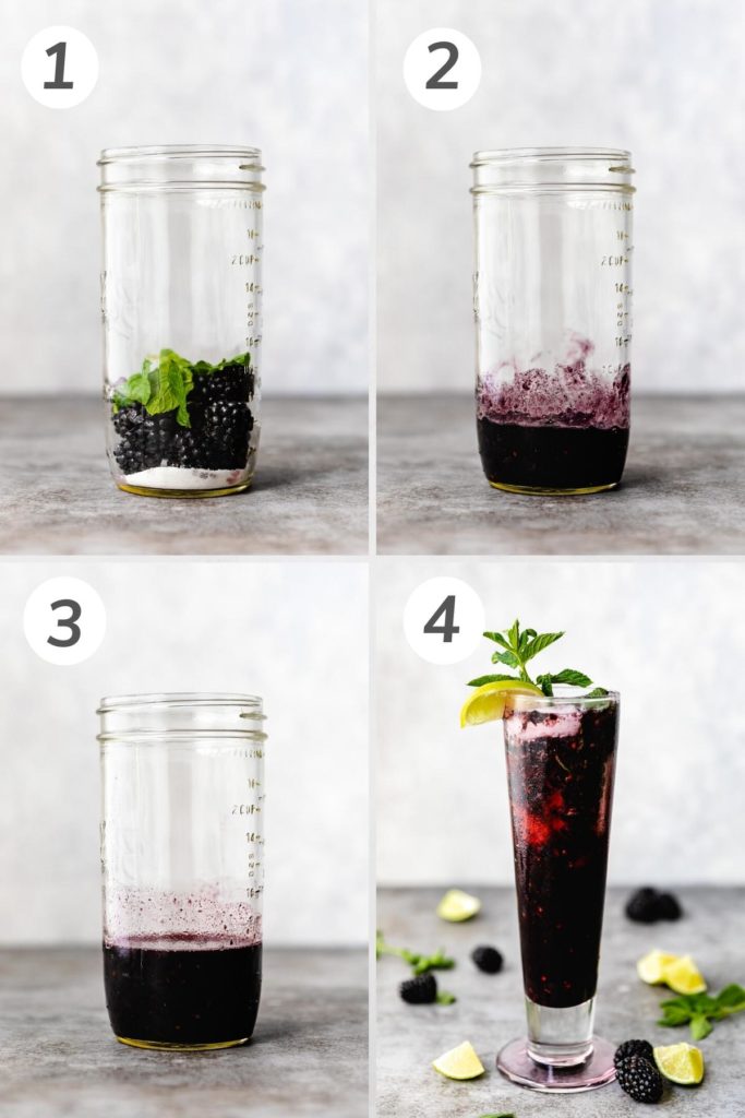 Collage showing how to make a blackberry mojito.