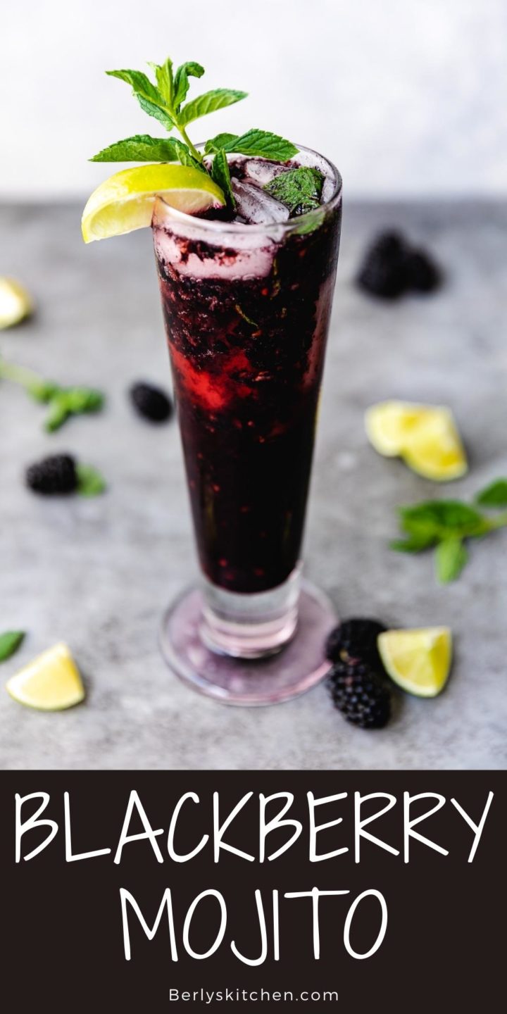 Blackberry mojito surrounded by limes, mint and blackberries.