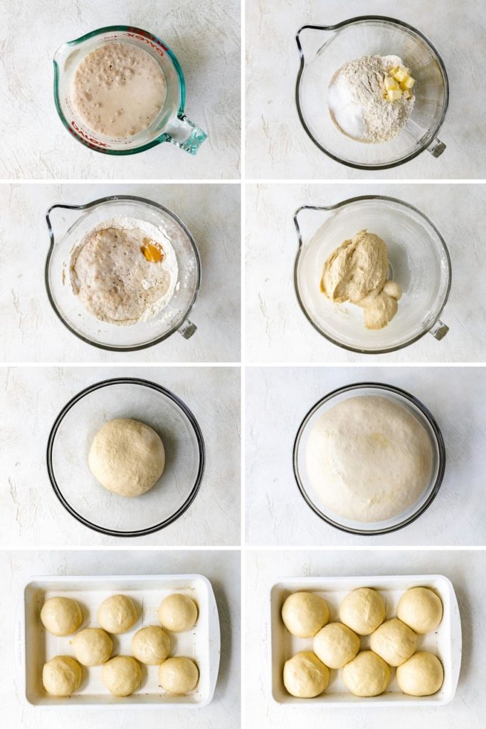 Collage showing how to make brioche rolls.