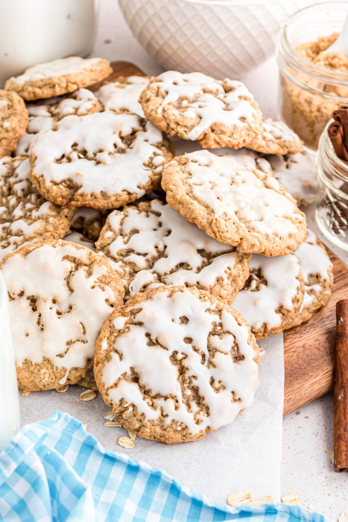 Batch of oatmeal cookies with icing.