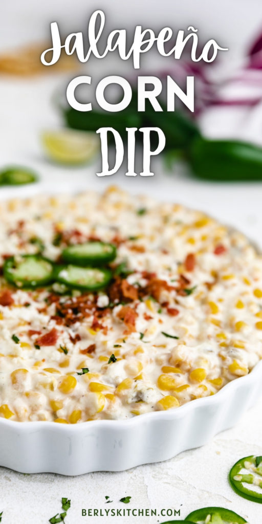 Close up photo of jalapeno corn dip in a dish.