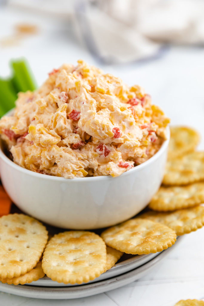 Side view of creamy pimento in a bowl.