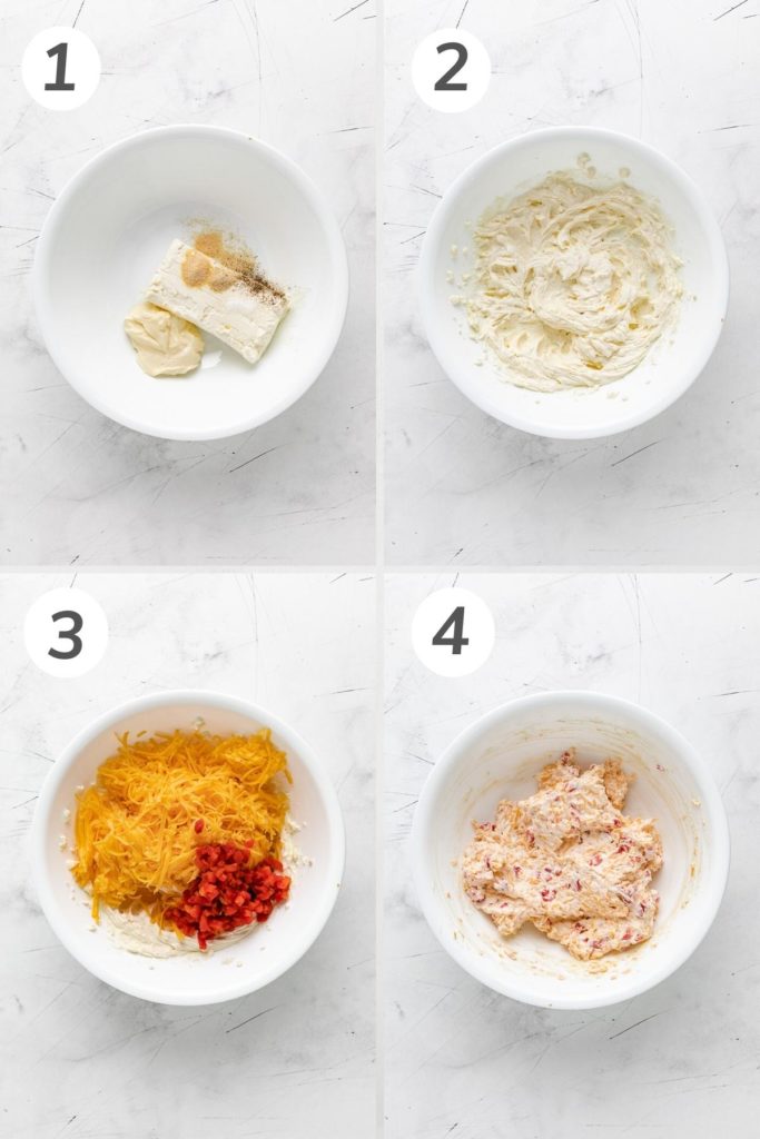 Collage showing how to make creamy pimento cheese.