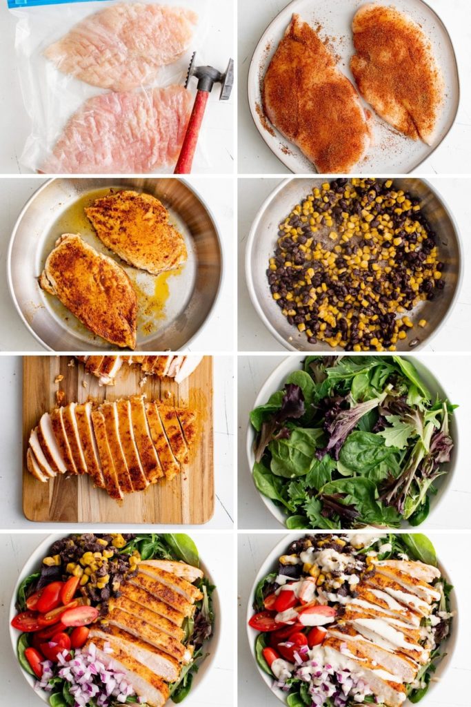 Collage showing how to make a southwest chicken salad.