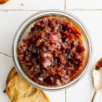 Top down view of bacon onion jam in a jar.