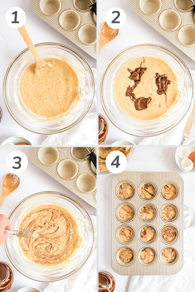 Collage showing how to make a banana nutella muffin.