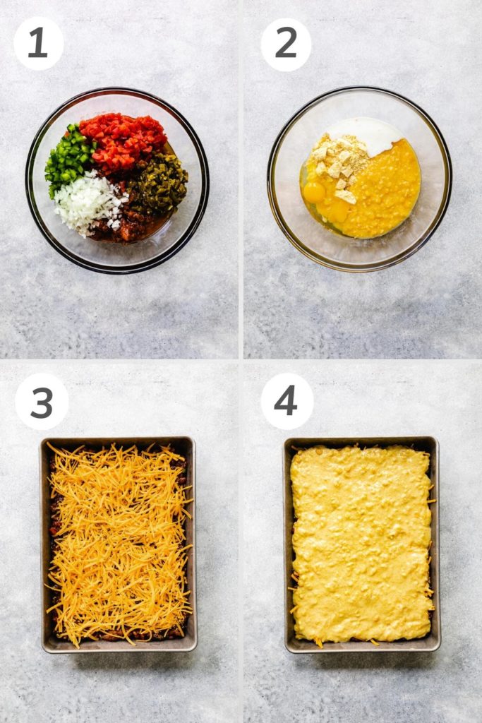Collage showing how to make chili cornbread casserole.