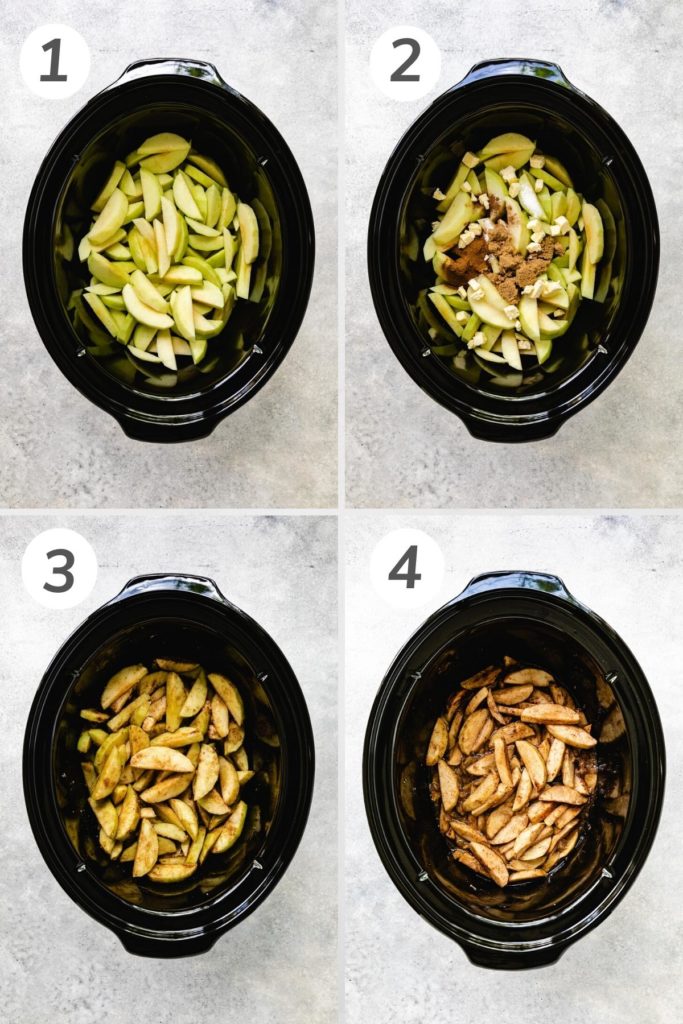 Collage showing how to make crock pot cinnamon apples.