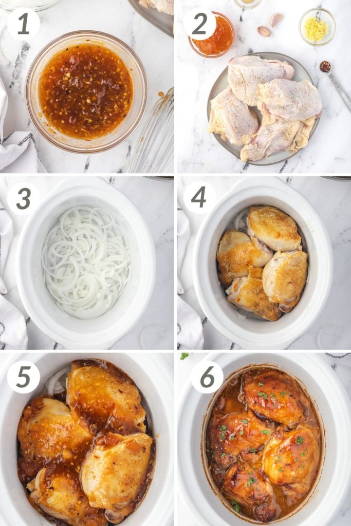 Collage showing how to make crockpot apricot chickenn.