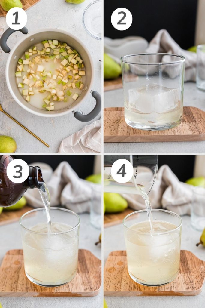 Collage showing how to make a ginger pear cocktail.
