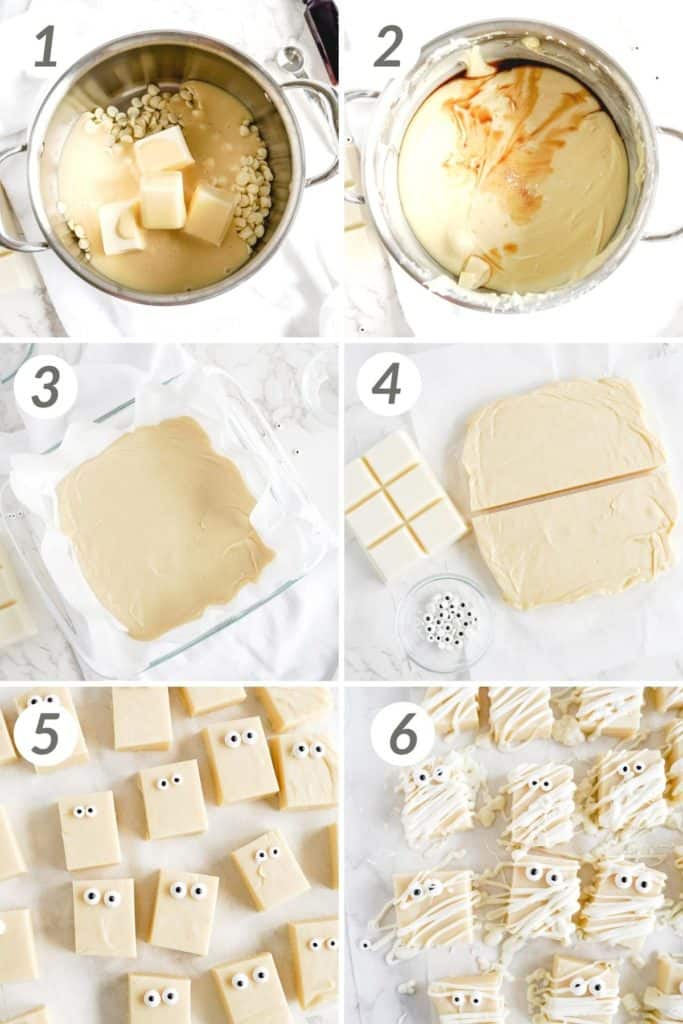 Collage showing how to make Halloween fudge.