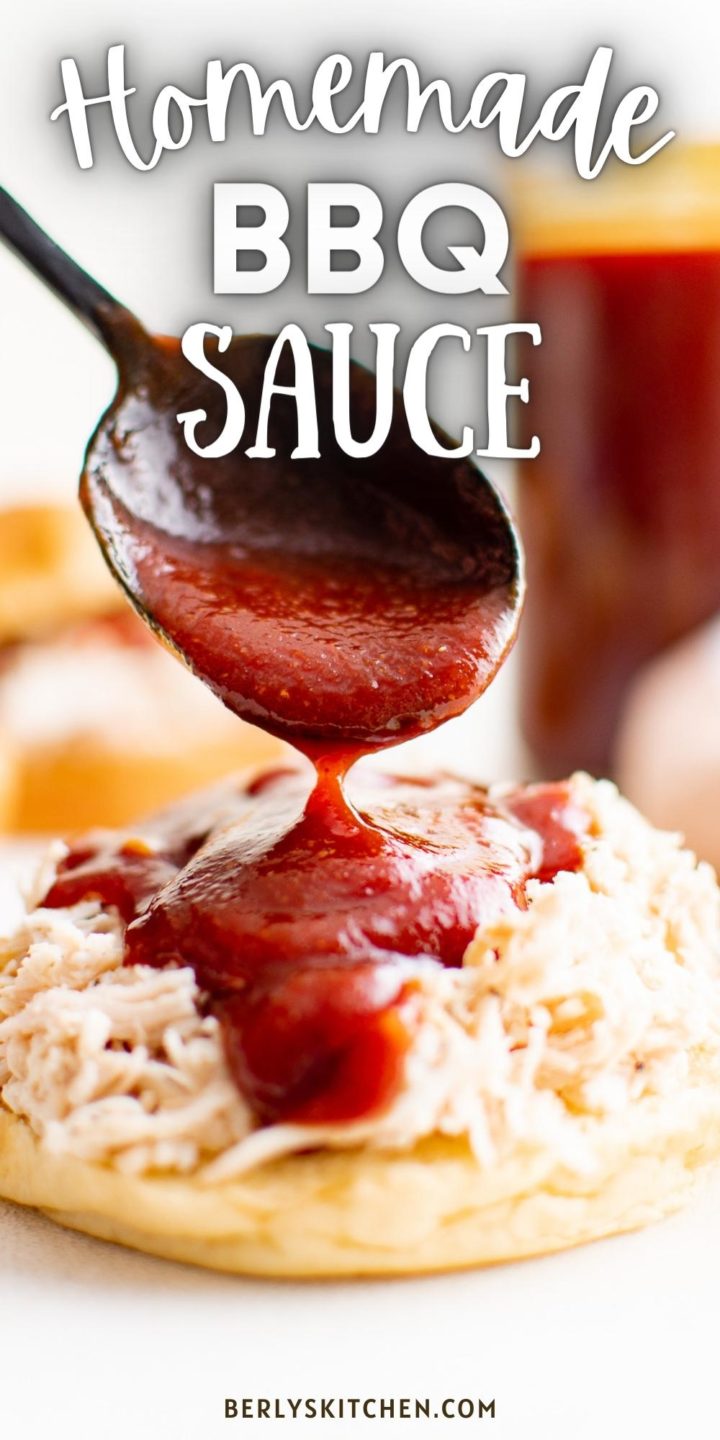 Homemade bbq sauce being drizzled over a sandwich.