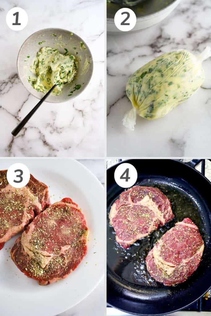 Collage showing how to make a pan seared steak.