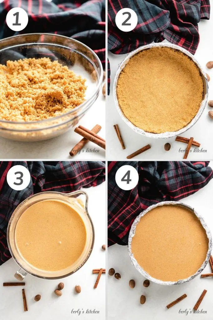 Collage showing how to make a pumpkin cheesecake recipe.