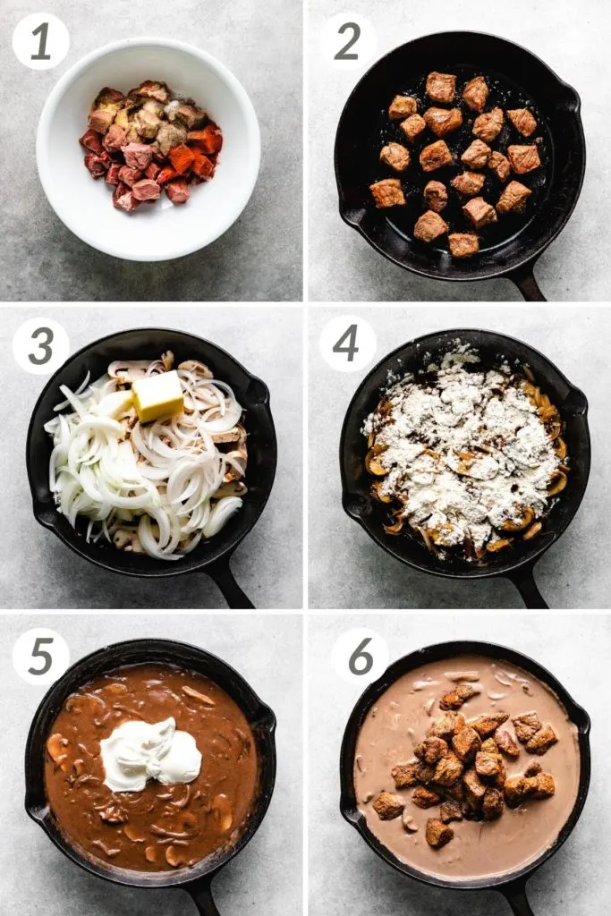 Collage showing how to make beef stroganoff.