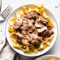 Top down view of stroganoff on a plate.