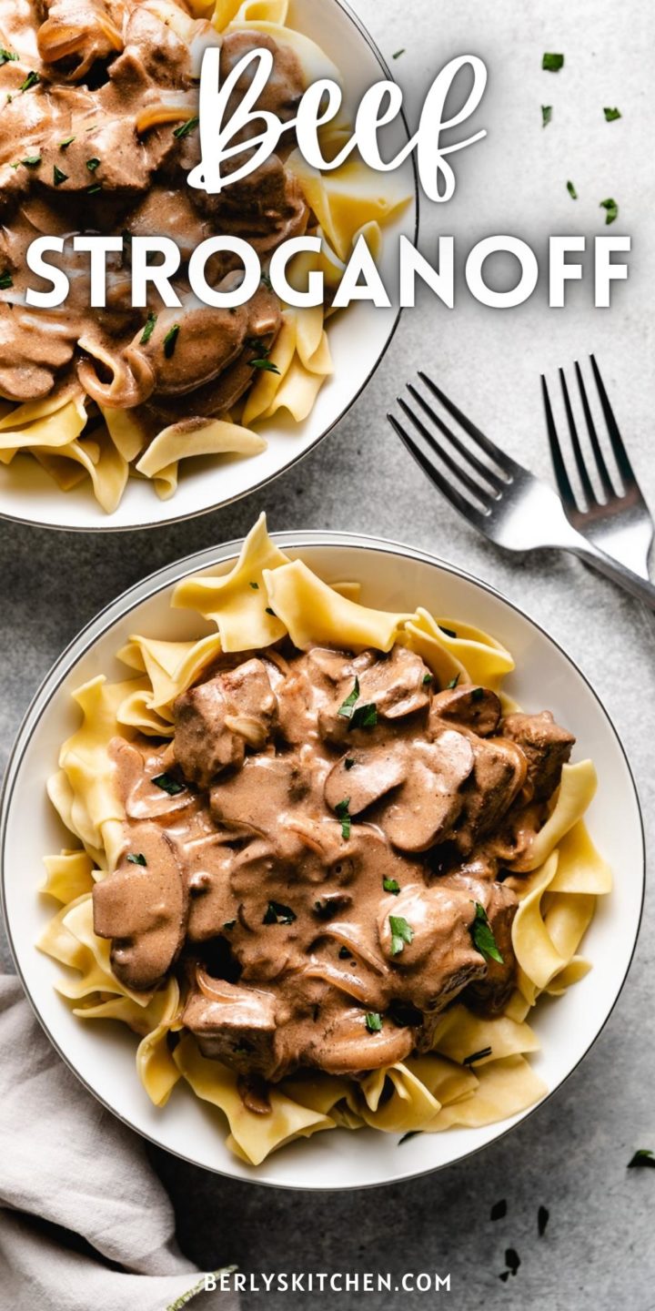 Close up view of a plate of beef stroganoff.