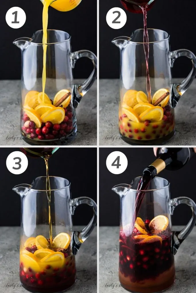 Collage showing how to make cranberry sangria.