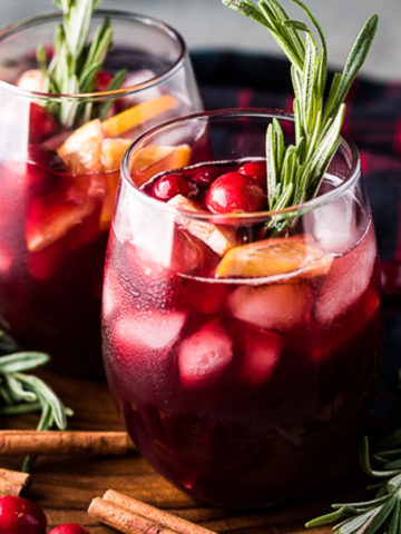 Close up photo of two glasses of sangria.