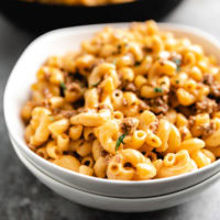 Side view of a bowl of homemade hamburger helper.