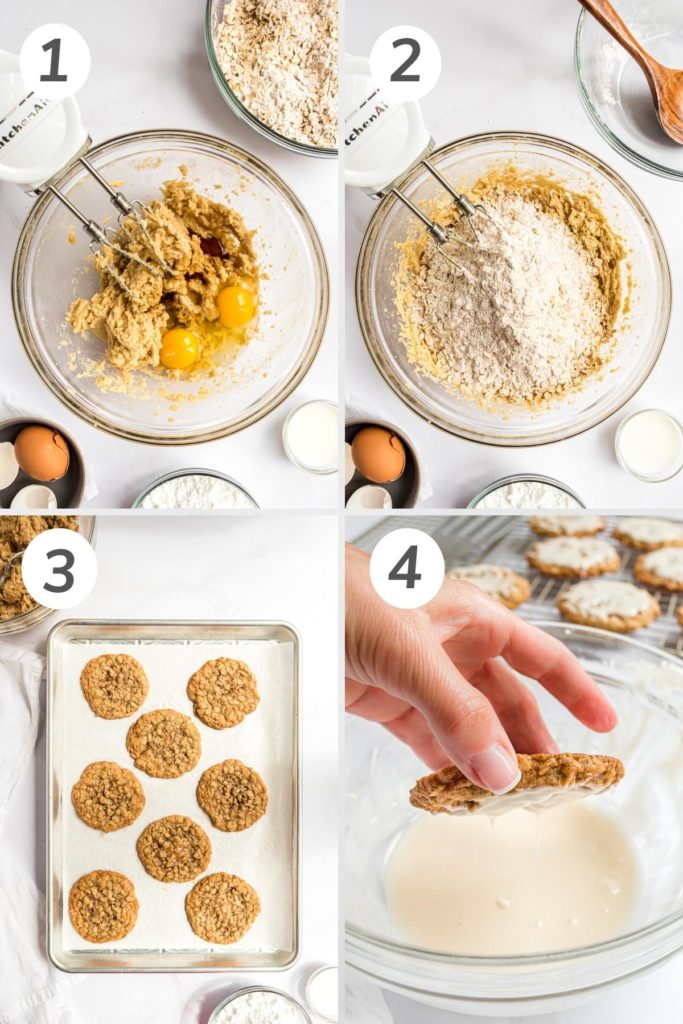 Collage showing how to make iced oatmeal cookies.