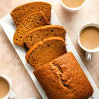 Top down view of a loaf of pumpkin bread.