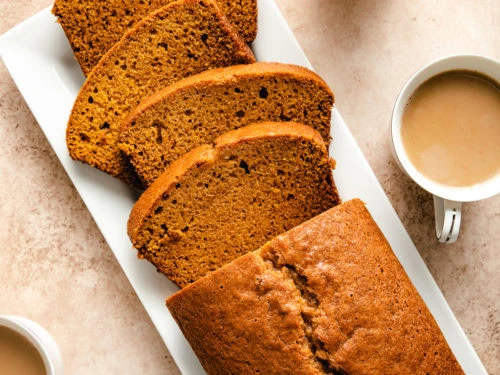 Top down view of a loaf of pumpkin bread.