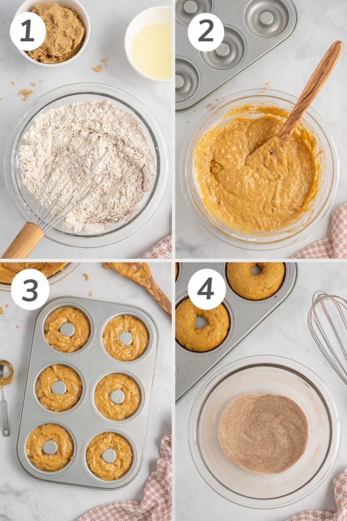 Collage showing how to make pumpkin donuts.