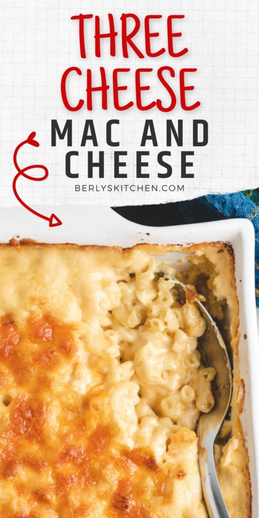 Three cheese mac and cheese in a pan.