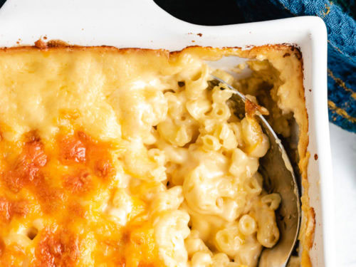 Close up view of a pan of 3 cheese mac and cheese.