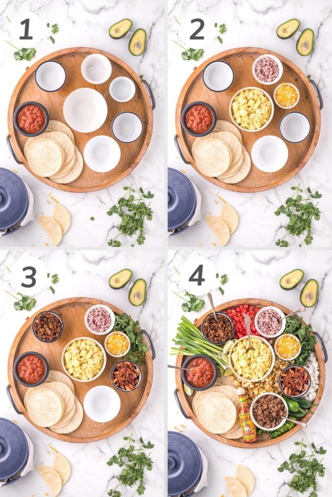 Collage showing how to make a breakfast taco board.