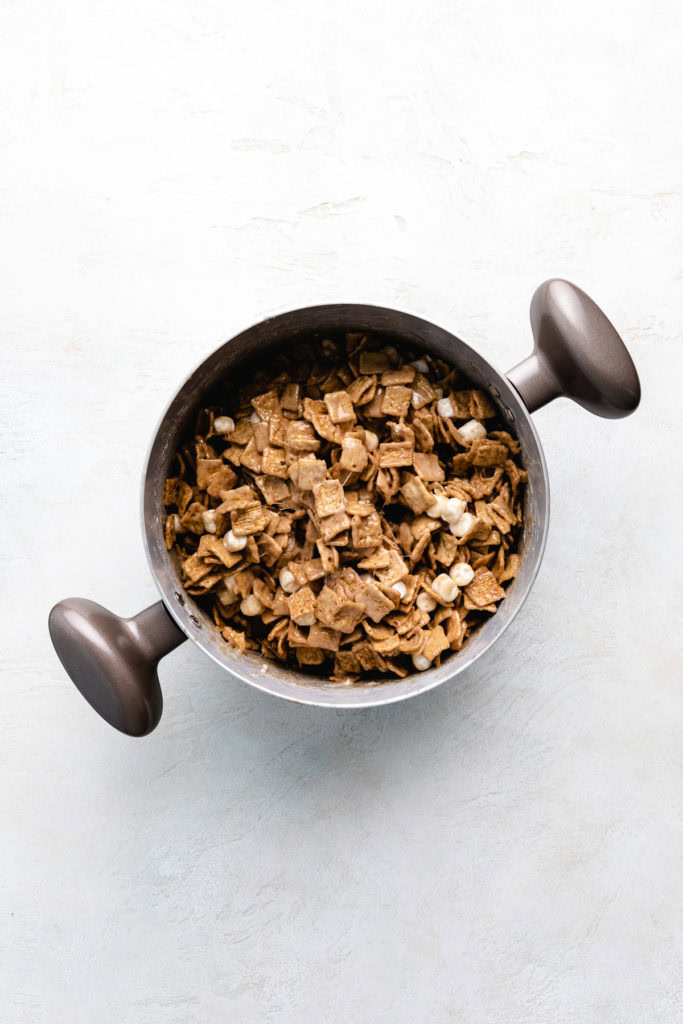 Marshmallow cereal bars in a pan.