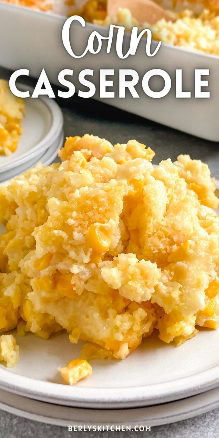 Close up view of corn casserole on a plate.