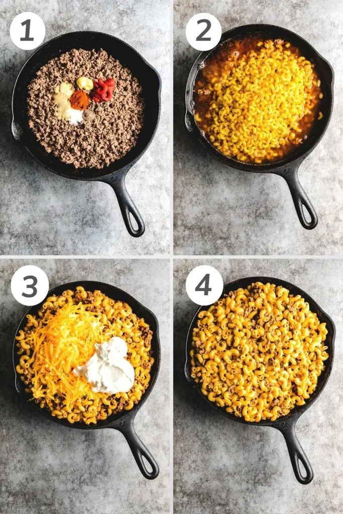 Collage showing how to make hamburger helper.