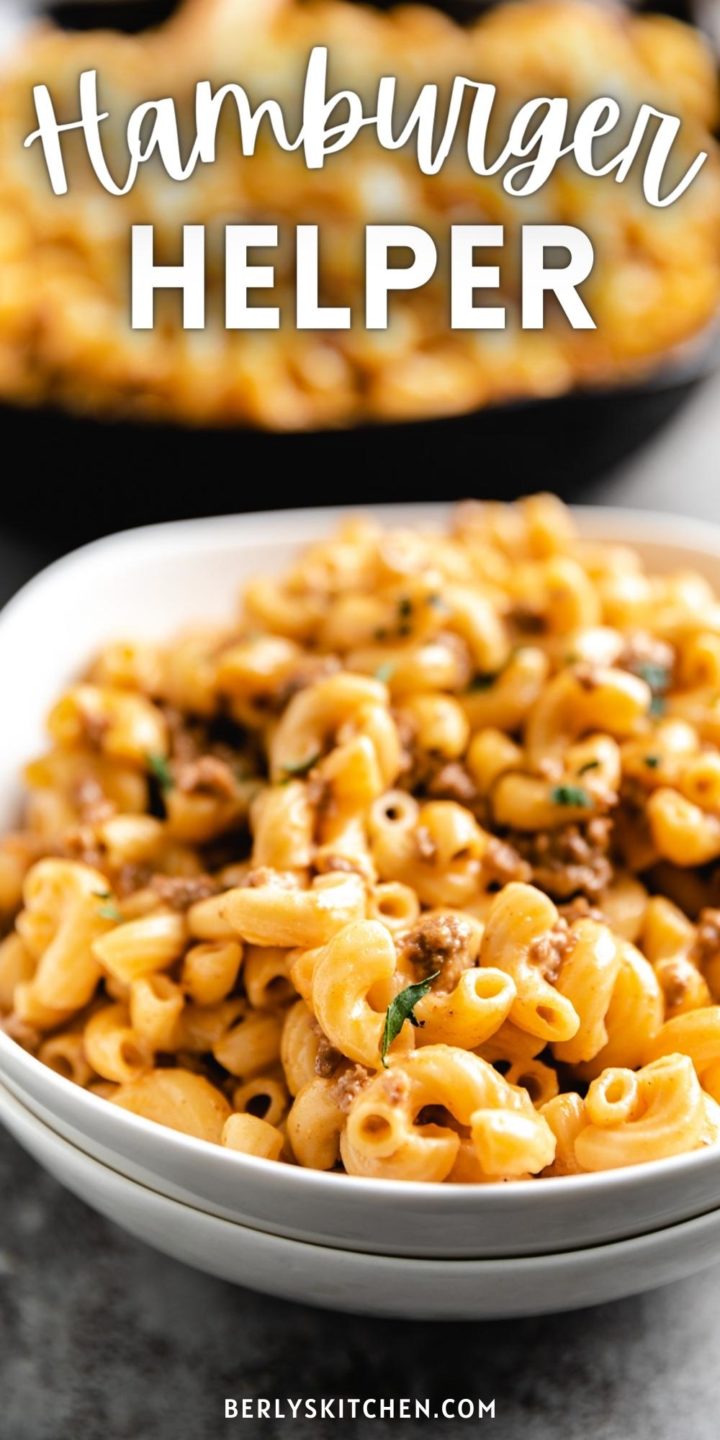 Close up view of cheeseburger helper in a white bowl.