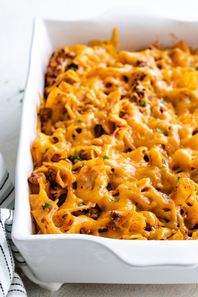 Side view of cheesy beef noodle casserole.