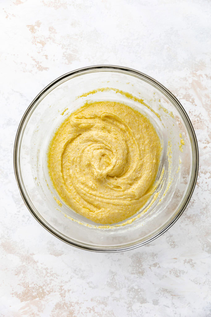 Cornbread batter in a bowl.