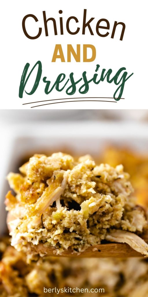 Close up view of seasoned dressing with chicken.
