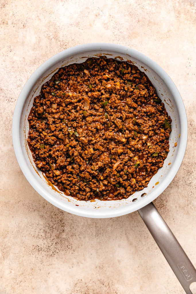 Sloppy joe mix in a skillet.