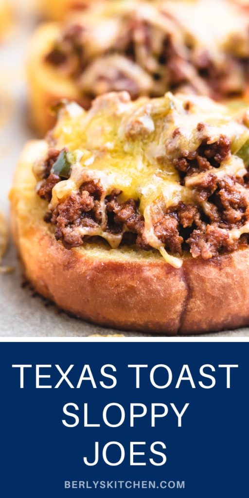 Close up view of texas toast with sloppy joe mix on top.