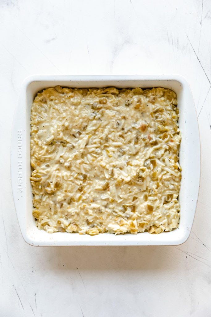 Unbaked casserole in a pan.
