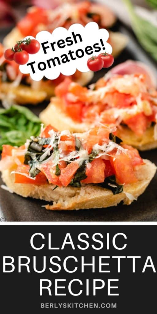 Close up view of classic bruschetta on a platter.