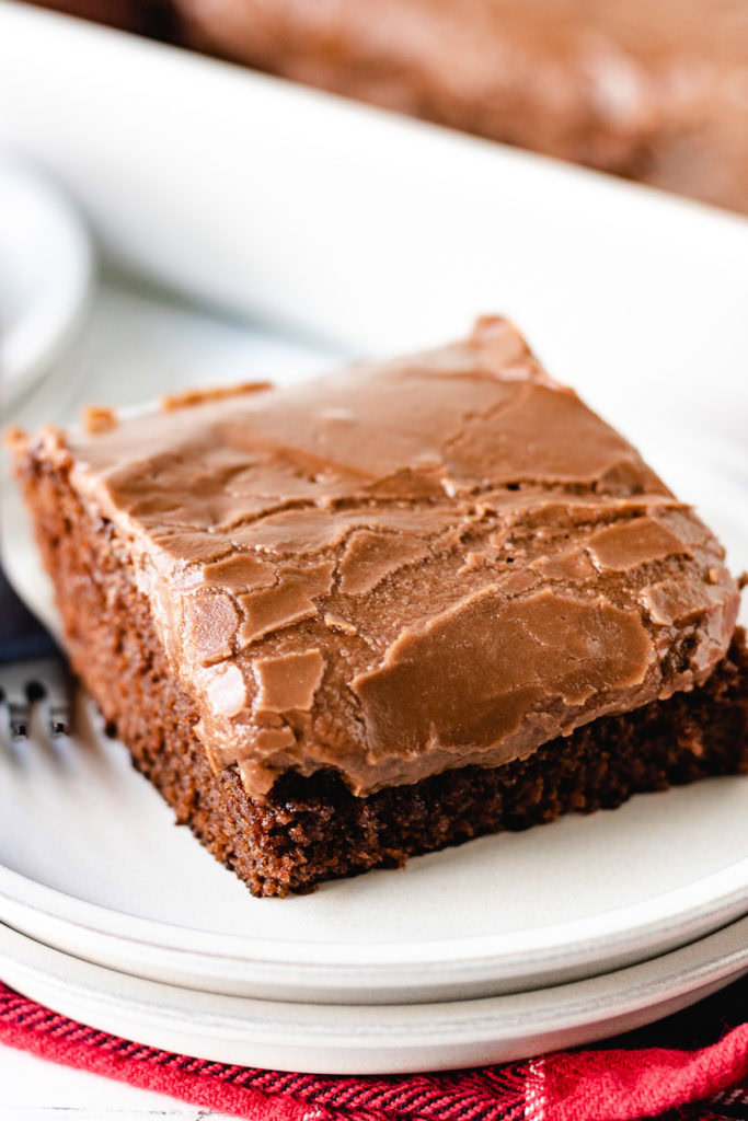 Side view of coca cola cake with fudge icing.